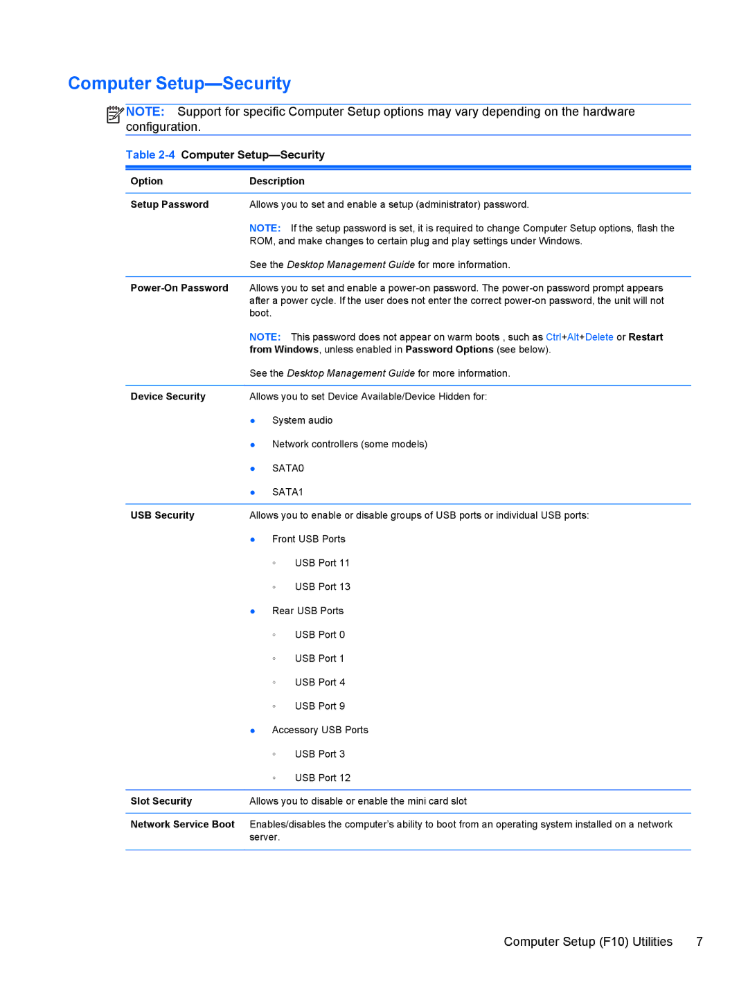 HP 100B manual Computer Setup-Security 