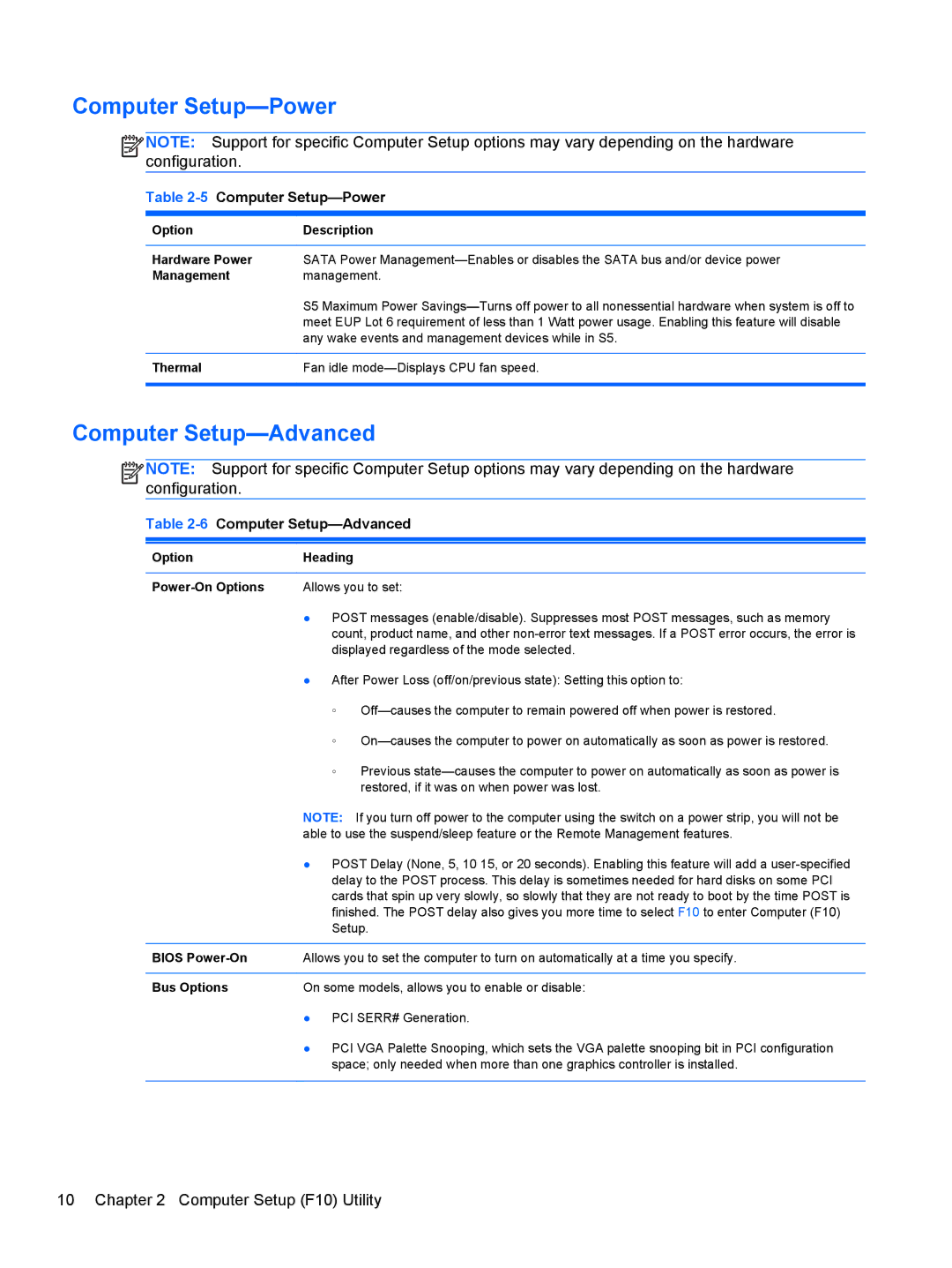 HP 100B manual Computer Setup-Power, Computer Setup-Advanced 