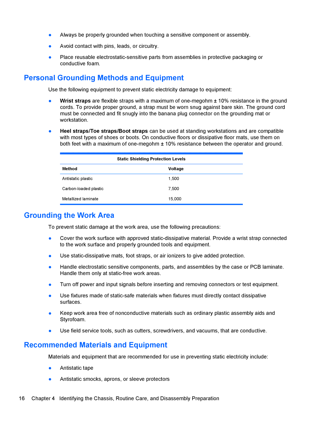 HP 100B manual Personal Grounding Methods and Equipment, Grounding the Work Area, Recommended Materials and Equipment 