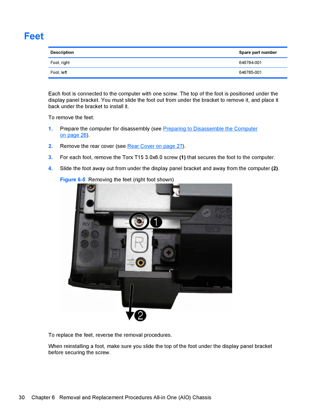 HP 100B manual Feet, Description Spare part number 