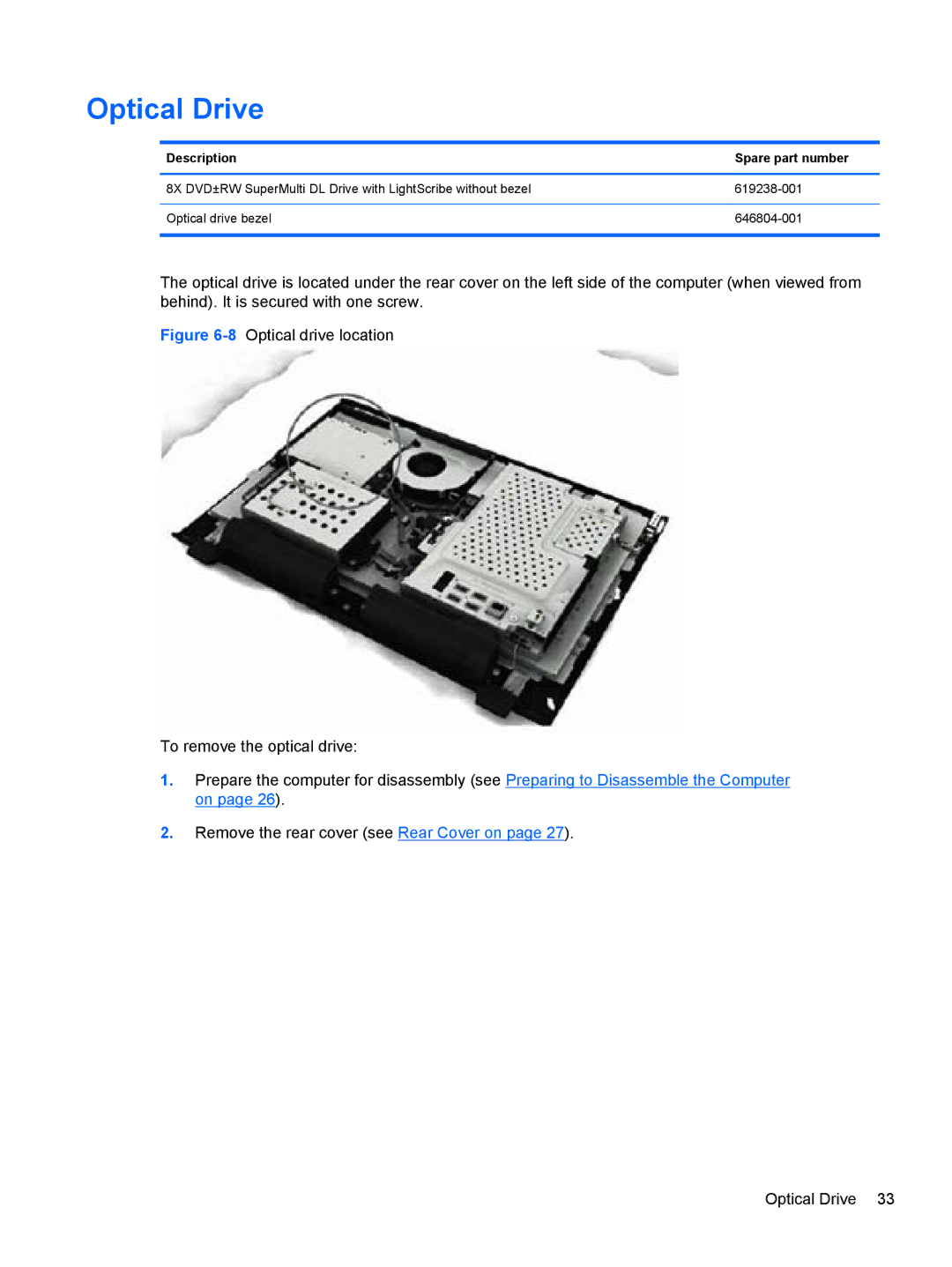 HP 100B manual Optical Drive, Description Spare part number 