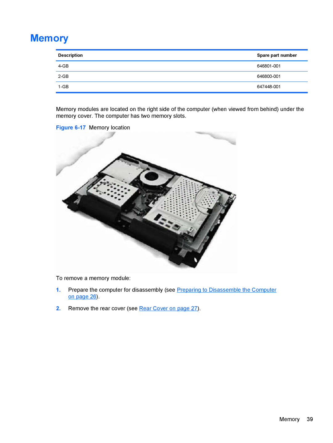 HP 100B manual Memory, Description Spare part number 