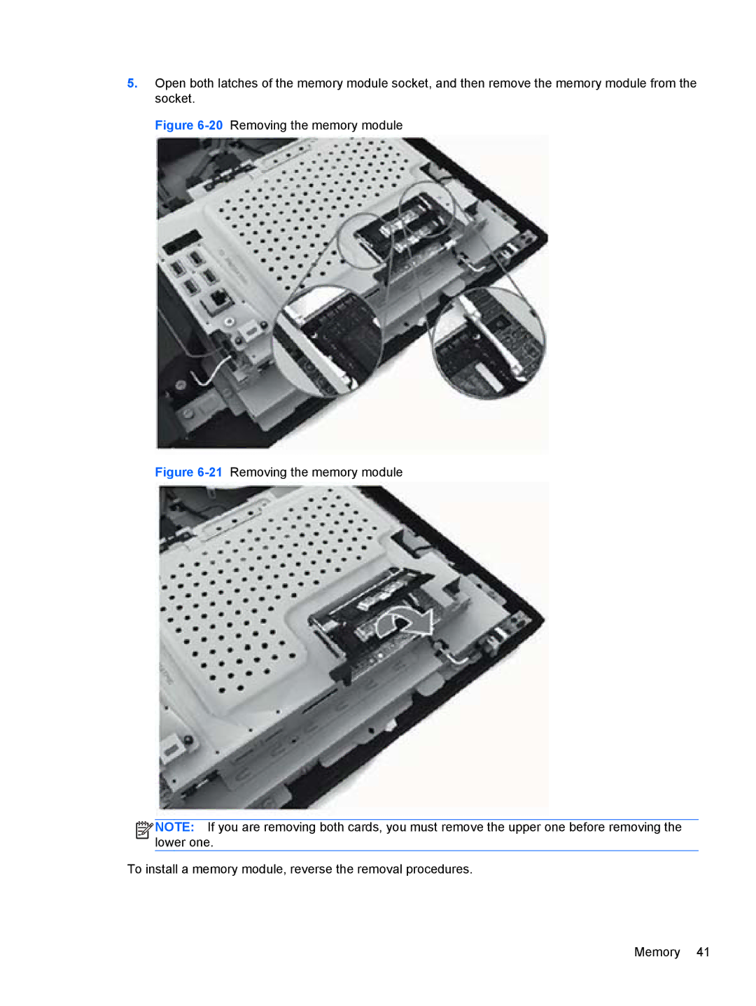 HP 100B manual 20Removing the memory module 