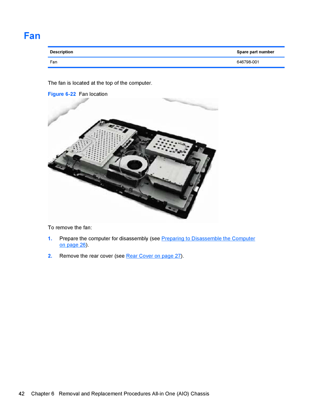 HP 100B manual Description Spare part number Fan 646798-001 