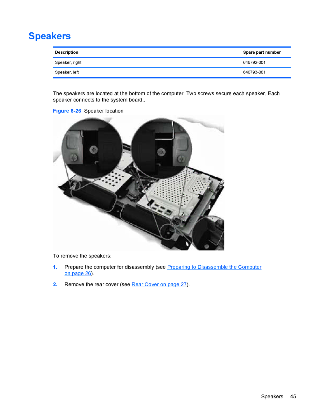 HP 100B manual Speakers, Description Spare part number 