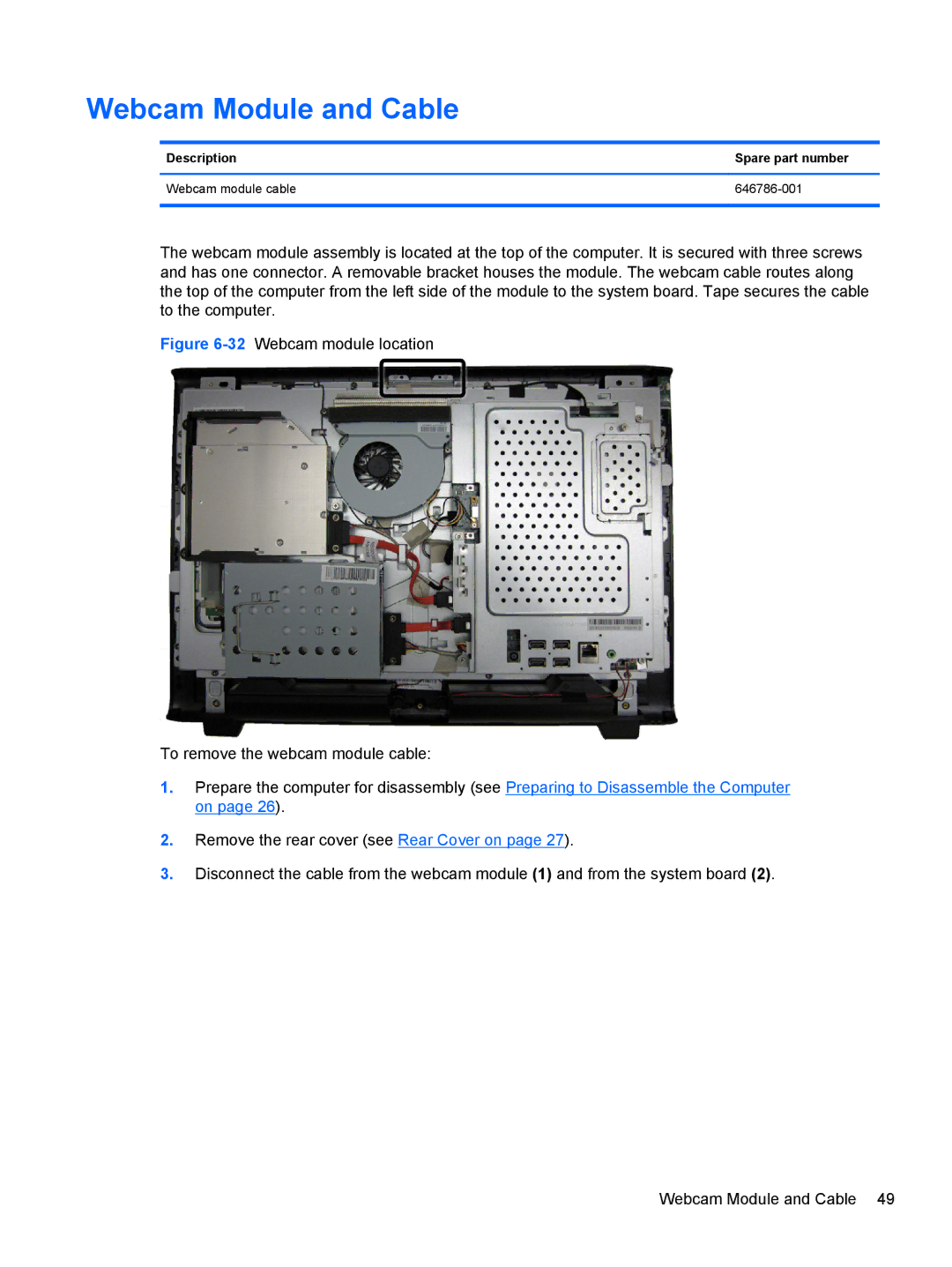 HP 100B manual Webcam Module and Cable, Description Spare part number Webcam module cable 646786-001 