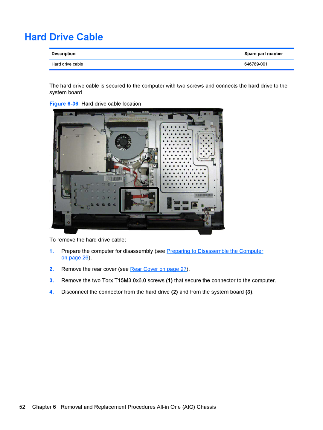 HP 100B manual Hard Drive Cable, Description Spare part number Hard drive cable 646789-001 