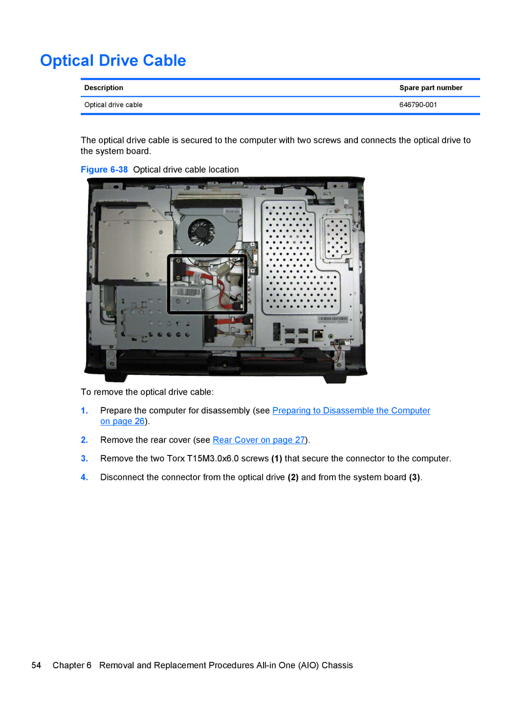 HP 100B manual Optical Drive Cable, Description Spare part number Optical drive cable 646790-001 