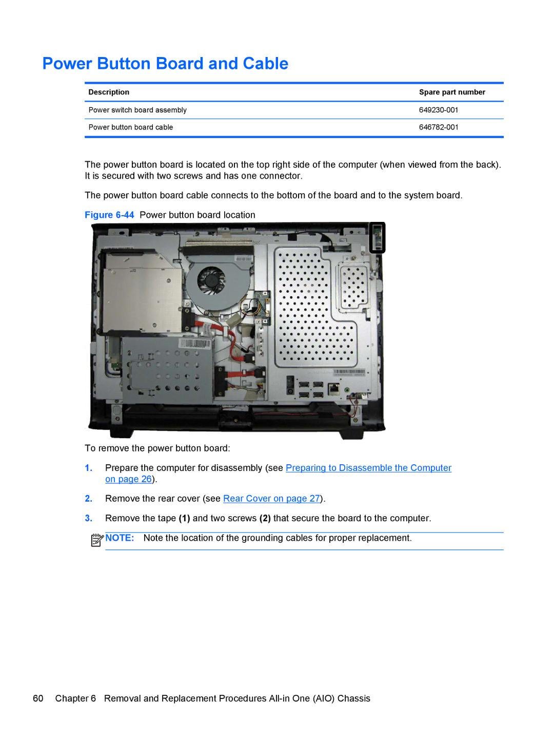 HP 100B manual Power Button Board and Cable, Description Spare part number 