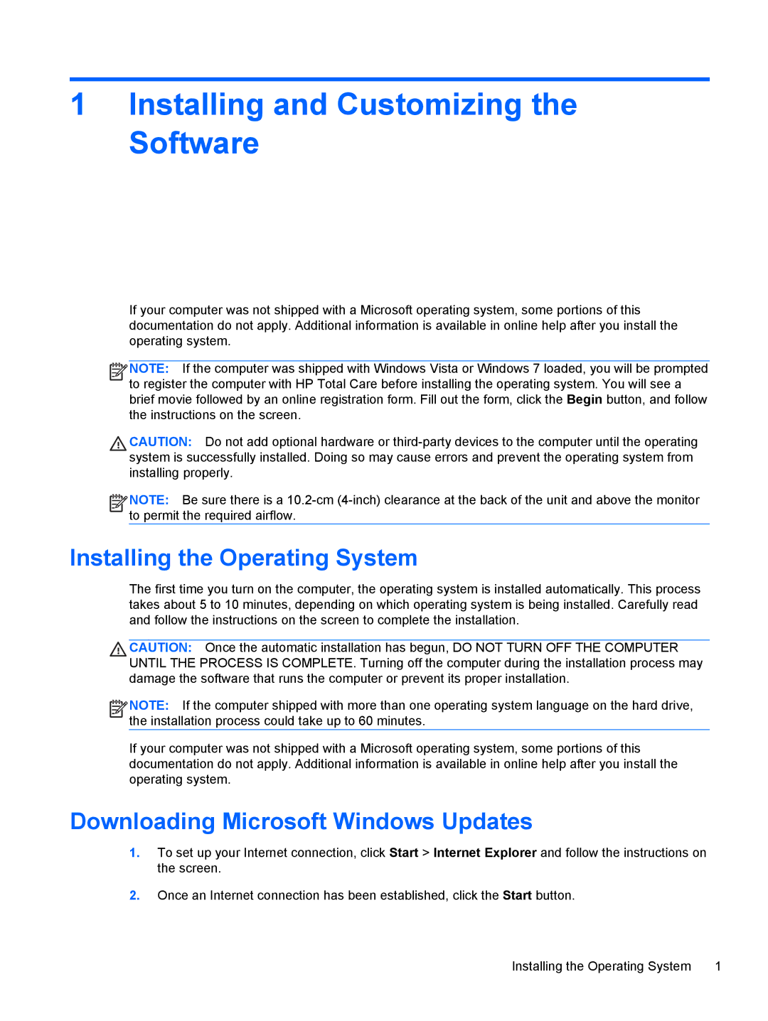 HP 100B Installing and Customizing the Software, Installing the Operating System, Downloading Microsoft Windows Updates 