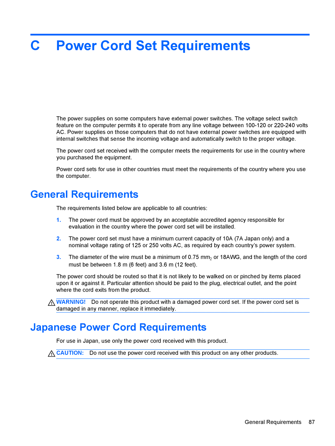 HP 100B manual Power Cord Set Requirements, General Requirements, Japanese Power Cord Requirements 