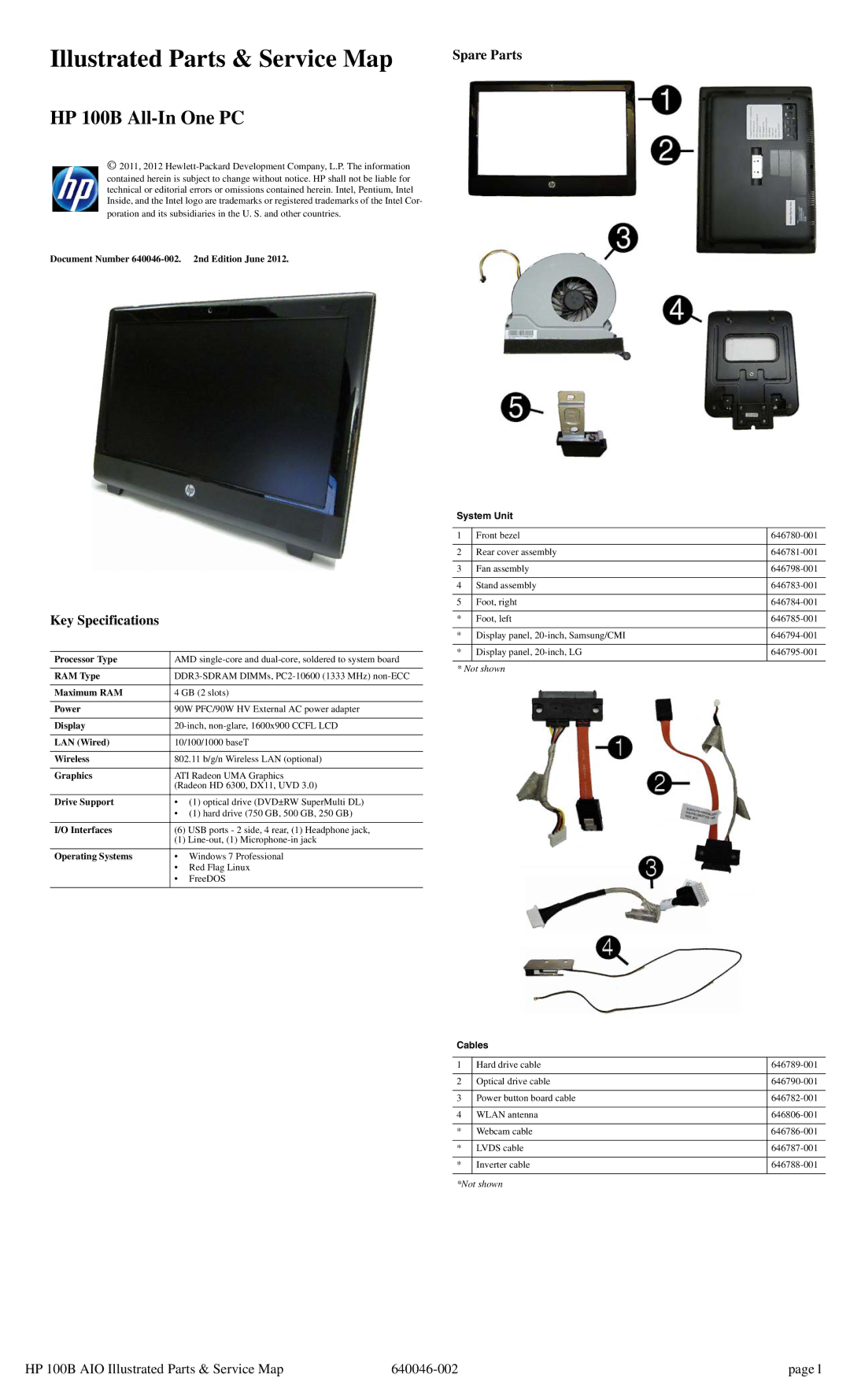 HP 100B manual Key Specifications, Spare Parts, System Unit, Cables 