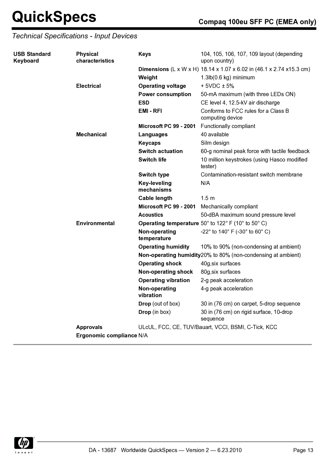 HP 100EU SFF manual Technical Specifications Input Devices, Esd, Emi Rfi 