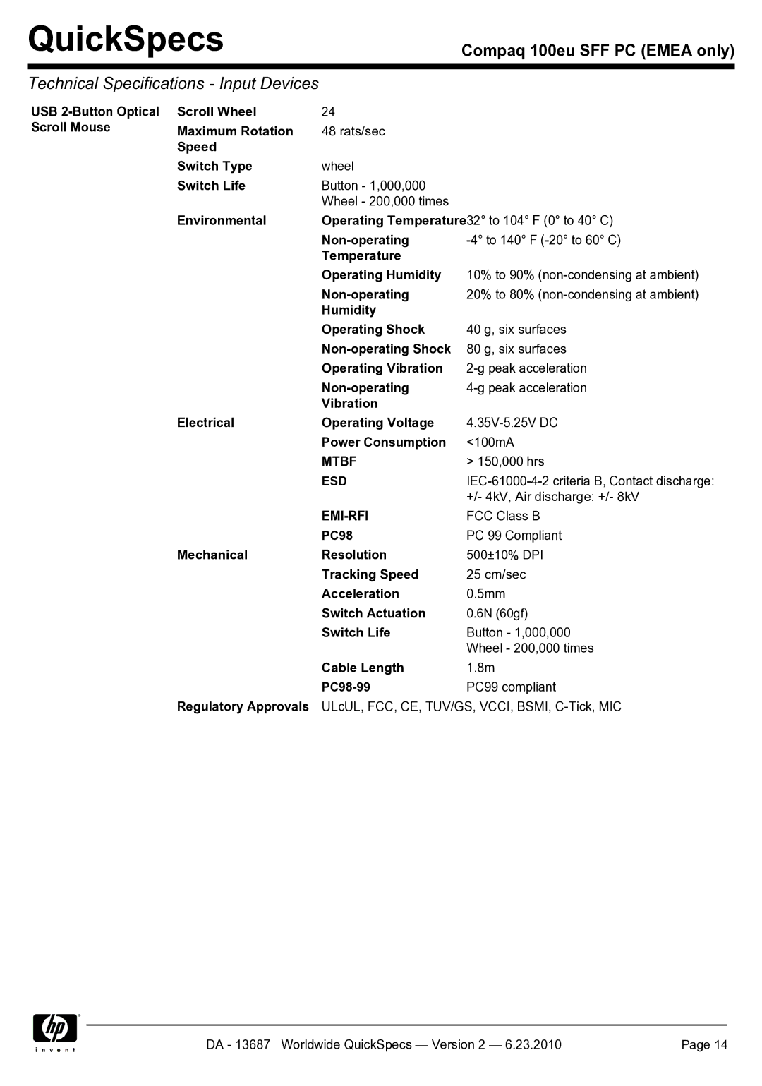 HP 100EU SFF manual Mtbf, Emi-Rfi 