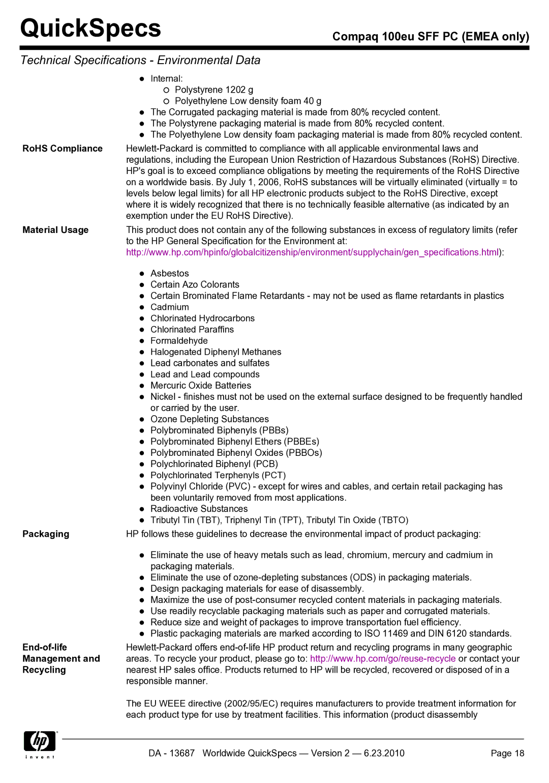 HP 100EU SFF manual RoHS Compliance, Material Usage, Packaging, End-of-life, Management Recycling 