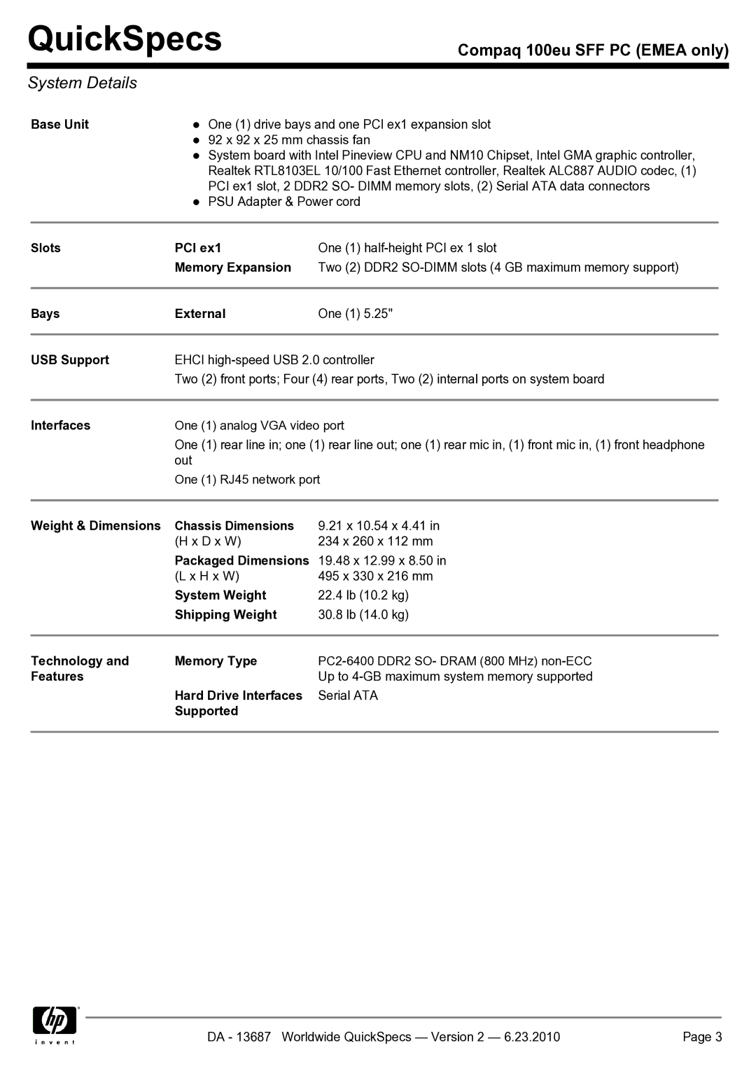 HP 100EU SFF manual System Details 