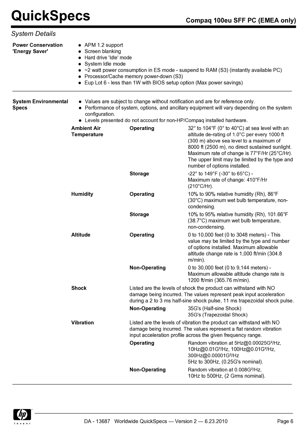 HP 100EU SFF Power Conservation, Energy Saver, System Environmental, Specs, Ambient Air Operating, Temperature, Shock 