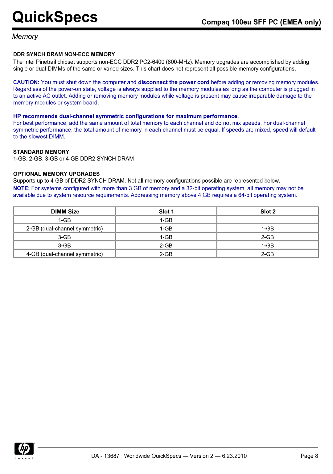 HP 100EU SFF manual DDR Synch Dram NON-ECC Memory, Standard Memory, Optional Memory Upgrades, Dimm Size Slot 