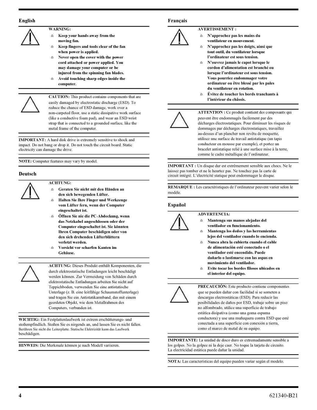 HP 100eu manual Achtung, GhqVlfkEhzhjhqghq/Iwhu, Avertissement, Advertencia 