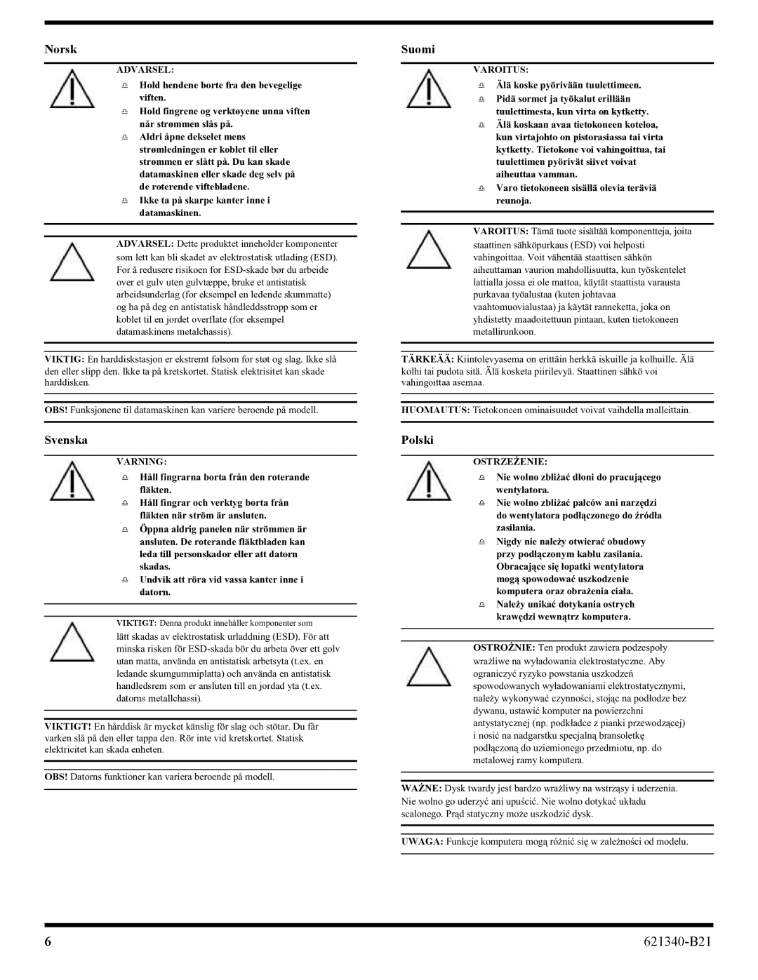 HP 100eu manual Varning, Varoitus 