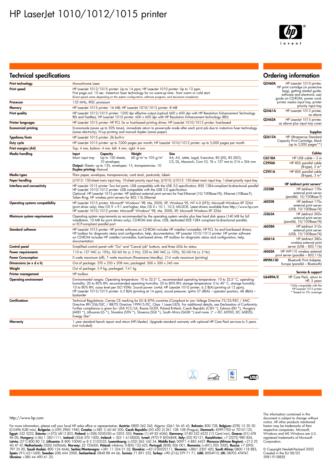 HP manual HP LaserJet 1010/1012/1015 printer, Technical specifications, Ordering information 