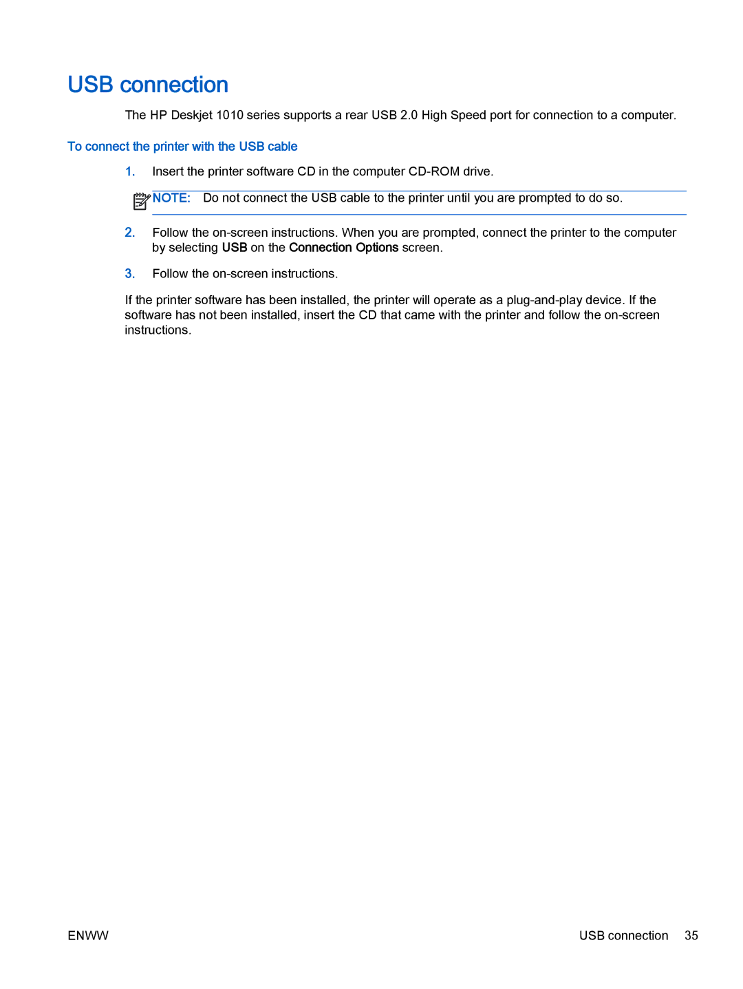 HP 1010 COMMERCIAL INKJETPR CX015A#B1H manual USB connection, To connect the printer with the USB cable 