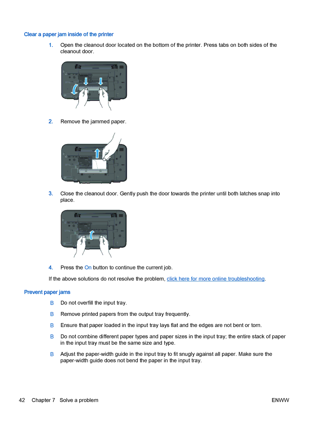 HP 1010 Commercial Inkjet CX015AB1H manual Clear a paper jam inside of the printer, Prevent paper jams 