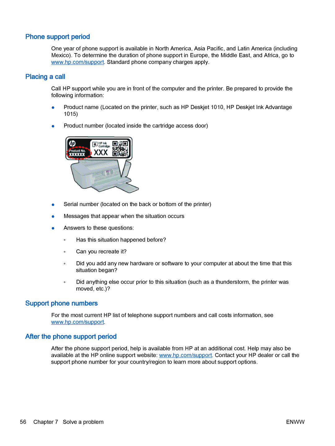 HP 1010 Commercial Inkjet CX015AB1H manual Support phone numbers After the phone support period 