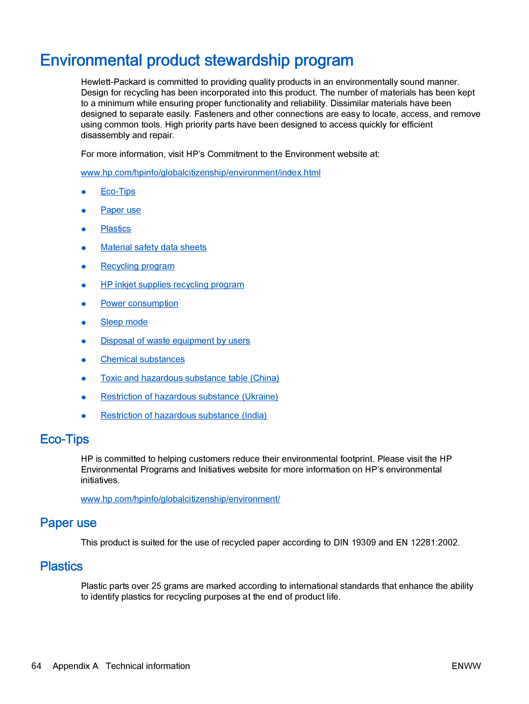 HP 1010 Commercial Inkjet CX015AB1H manual Environmental product stewardship program, Eco-Tips, Paper use, Plastics 