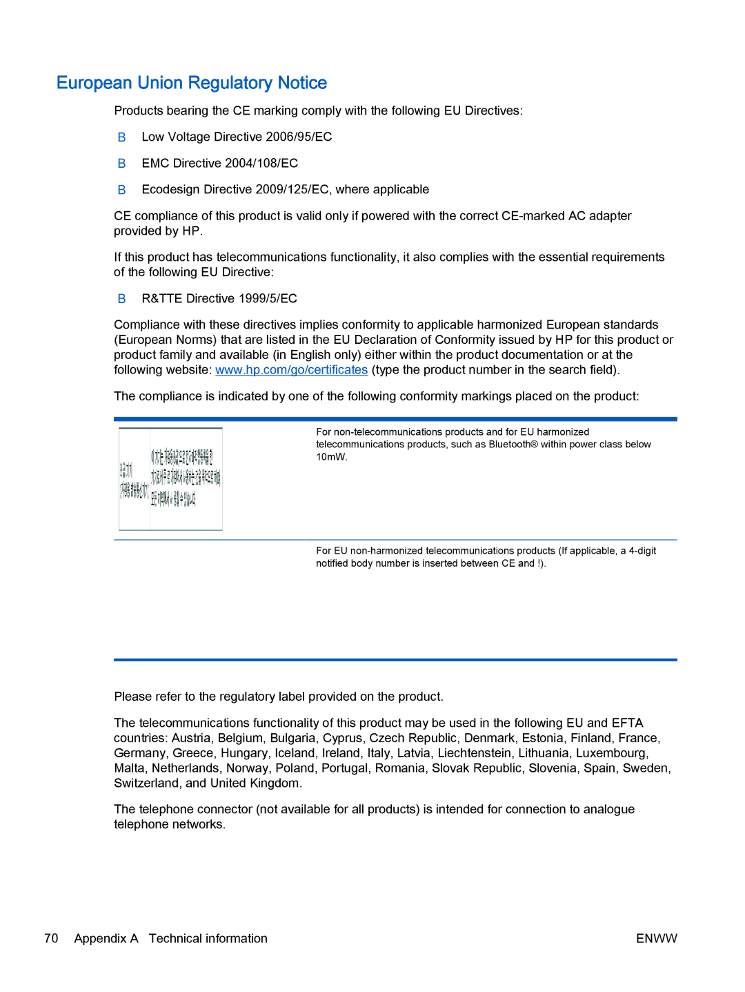 HP 1010 Commercial Inkjet CX015AB1H, 1010 COMMERCIAL INKJETPR CX015A#B1H manual European Union Regulatory Notice 