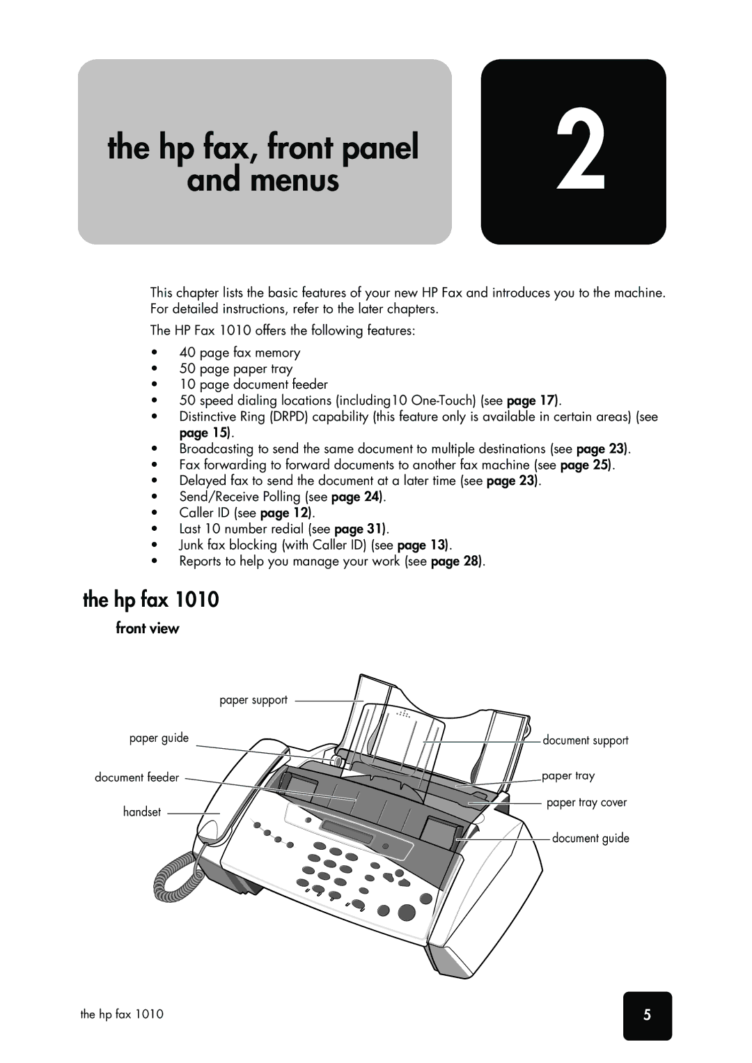 HP 1010 Fax Hp fax, front panel, Hp fax, fron Panel Menus Hp fax, front, Hp fax, front Panel Menus Paneland, Front view 