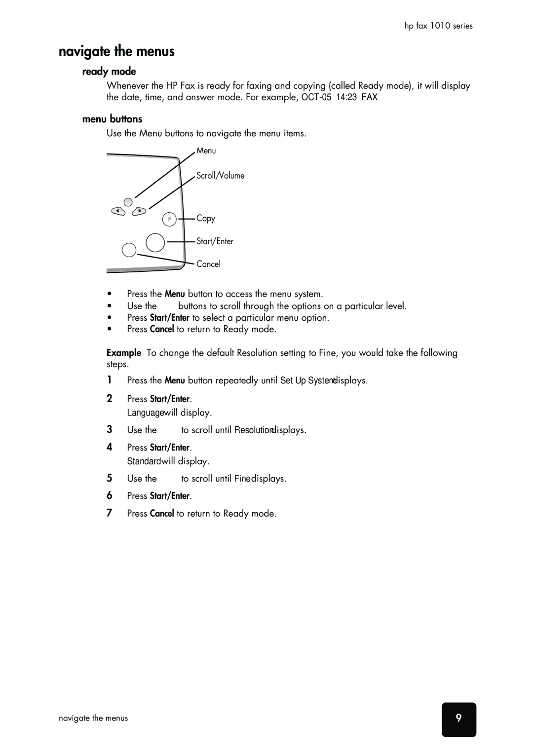 HP 1010 Fax, 1010xi Fax manual Navigate the menus, Ready mode, Menu buttons 