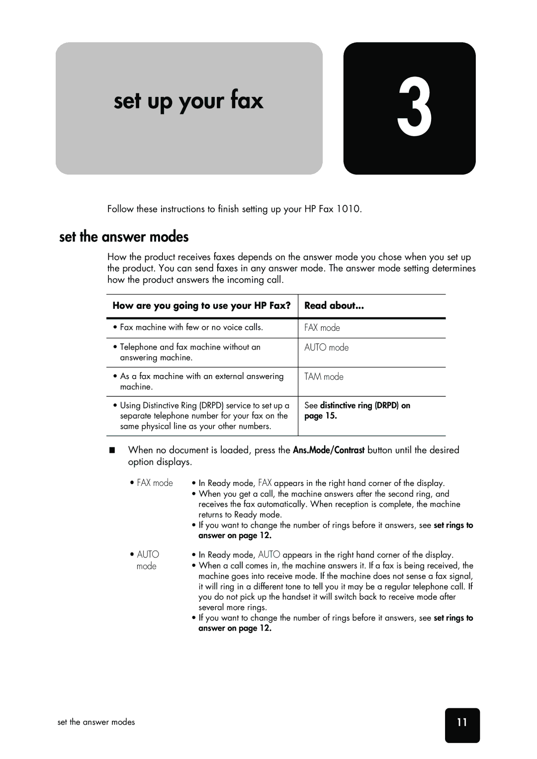 HP 1010 Fax, 1010xi Fax manual Set the answer modes, Set up your fax set up your fax set up your fax, Up your fax 