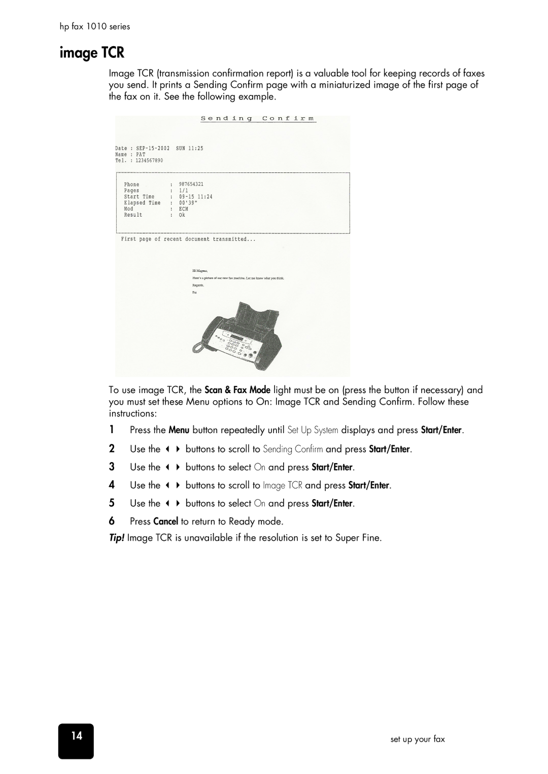 HP 1010xi Fax, 1010 Fax manual Image TCR, Use Buttons to select On and press Start/Enter 