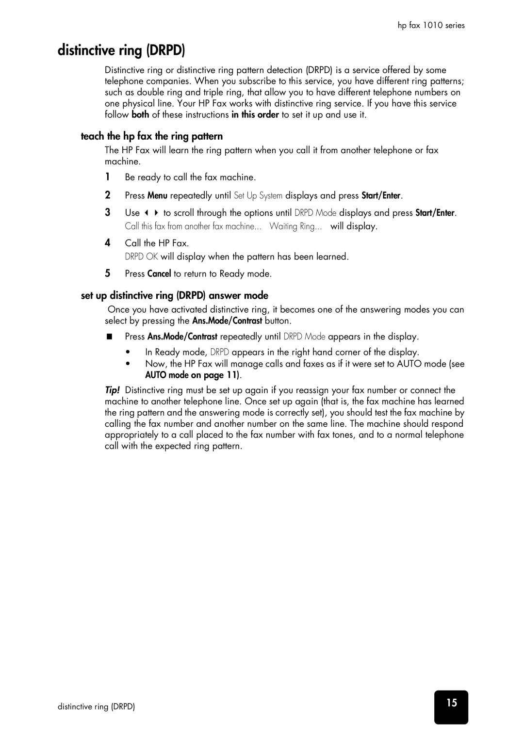 HP 1010 Fax, 1010xi Fax Distinctive ring Drpd, Teach the hp fax the ring pattern, Set up distinctive ring Drpd answer mode 