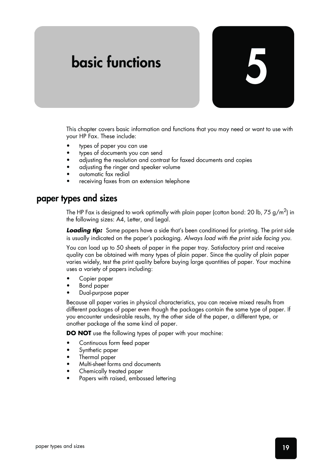 HP 1010 Fax, 1010xi Fax manual Paper types and sizes, Basic functions basic function, Functions 