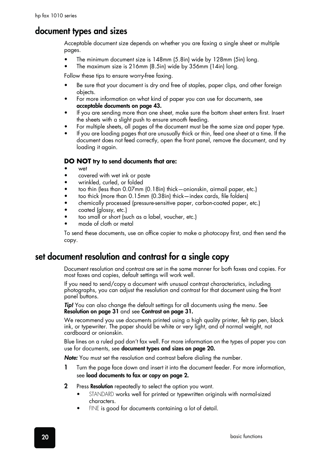 HP 1010xi Fax, 1010 Fax manual Document types and sizes, Set document resolution and contrast for a single copy 