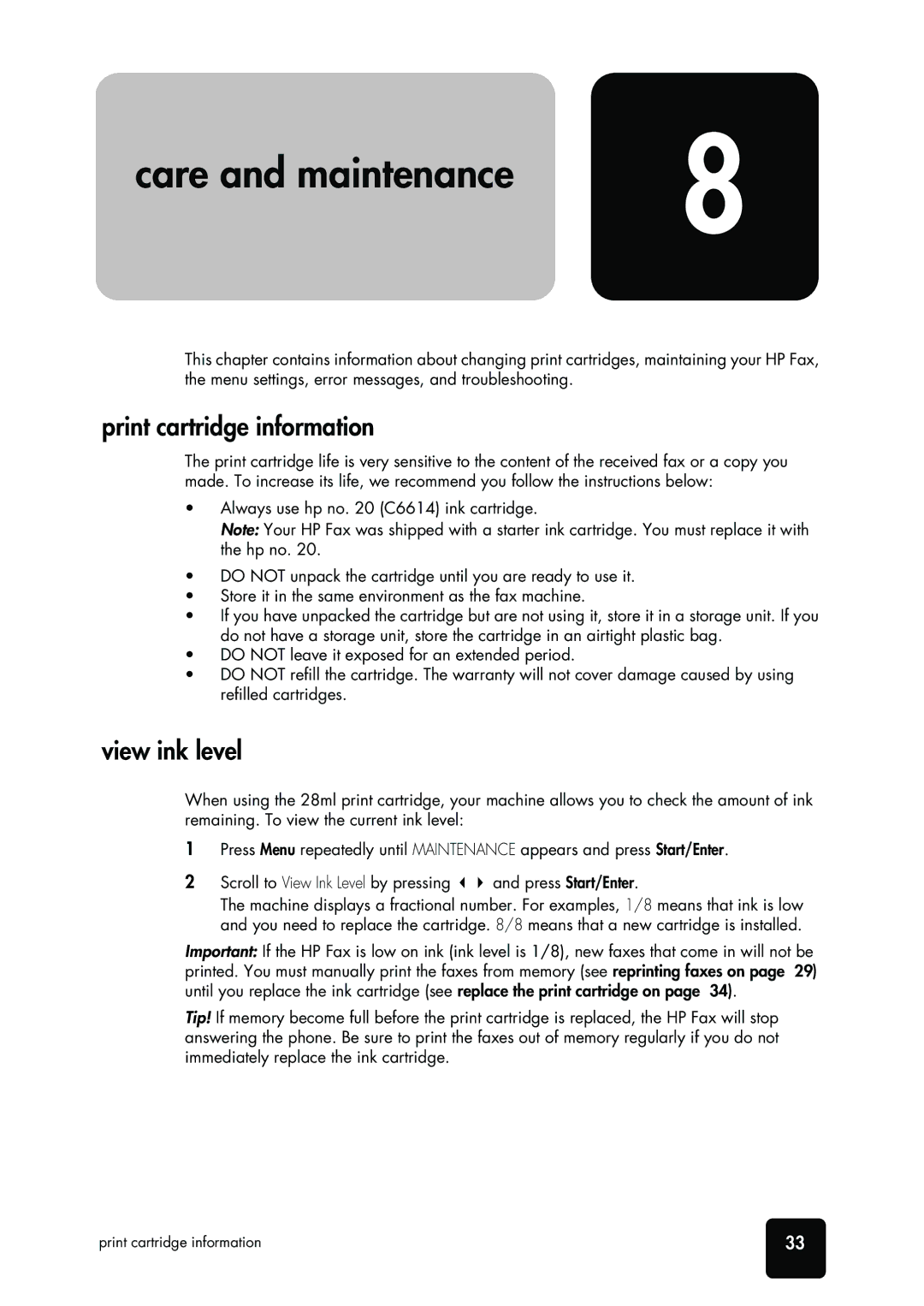 HP 1010 Fax, 1010xi Fax manual Care and maintenance, Print cartridge information, View ink level, Care Maintenance 