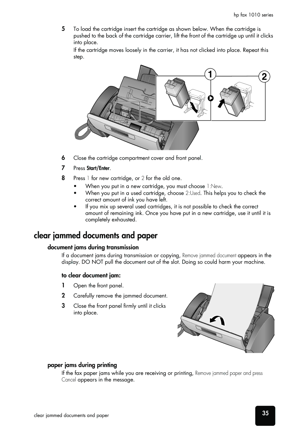 HP 1010 Fax, 1010xi Fax Clear jammed documents and paper, Care, Document jams during transmission, To clear document jam 