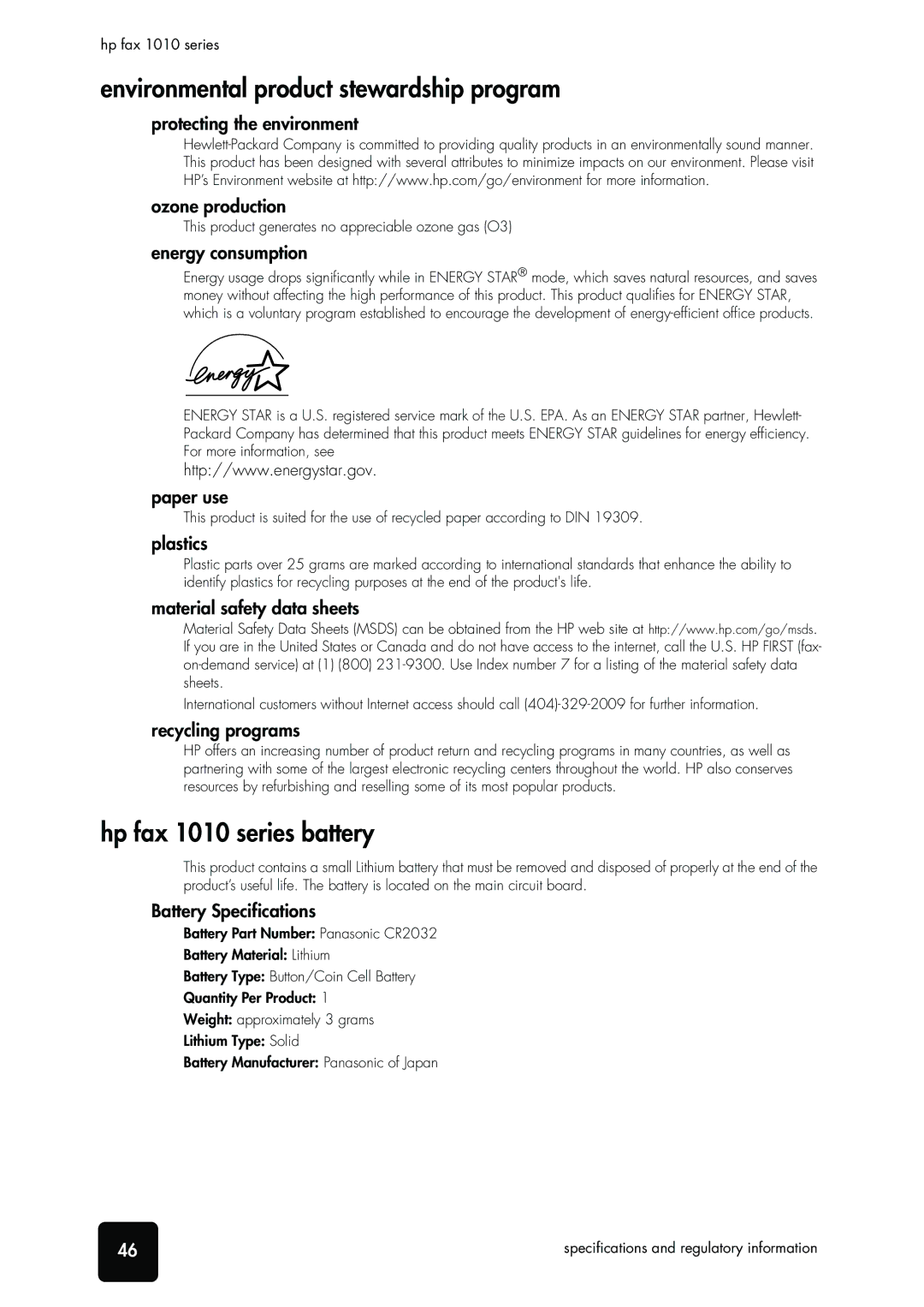 HP 1010xi Fax, 1010 Fax manual Environmental product stewardship program, Hp fax 1010 series battery 