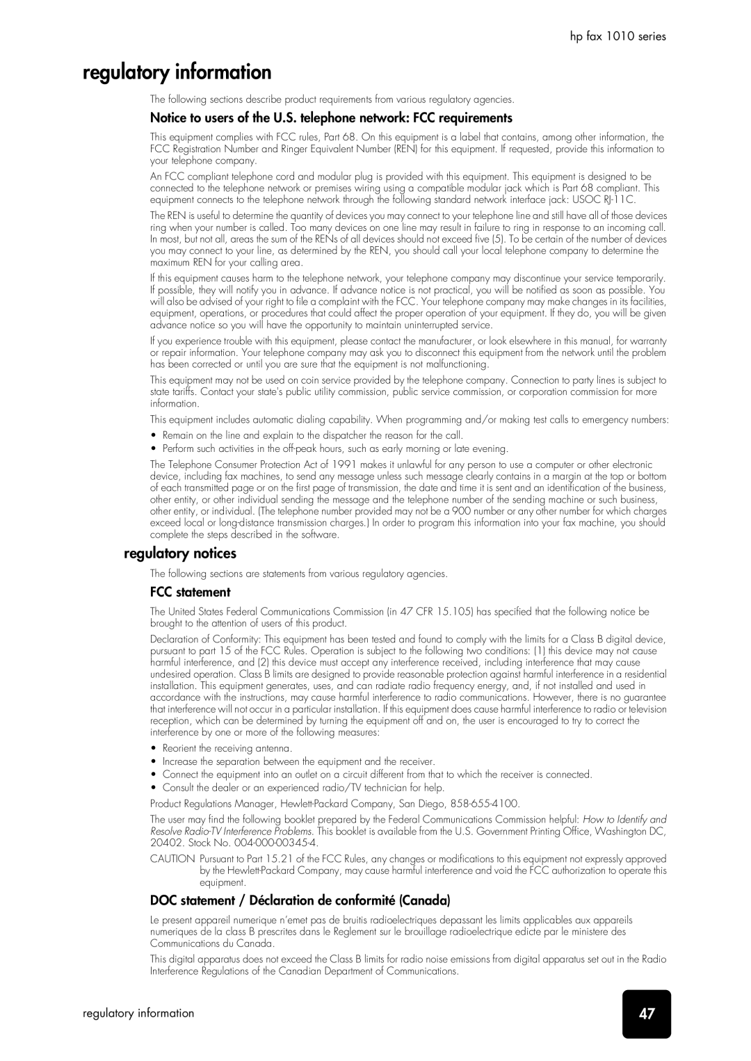 HP 1010 Fax Regulatory information, Regulatory notices, FCC statement, DOC statement / Déclaration de conformité Canada 