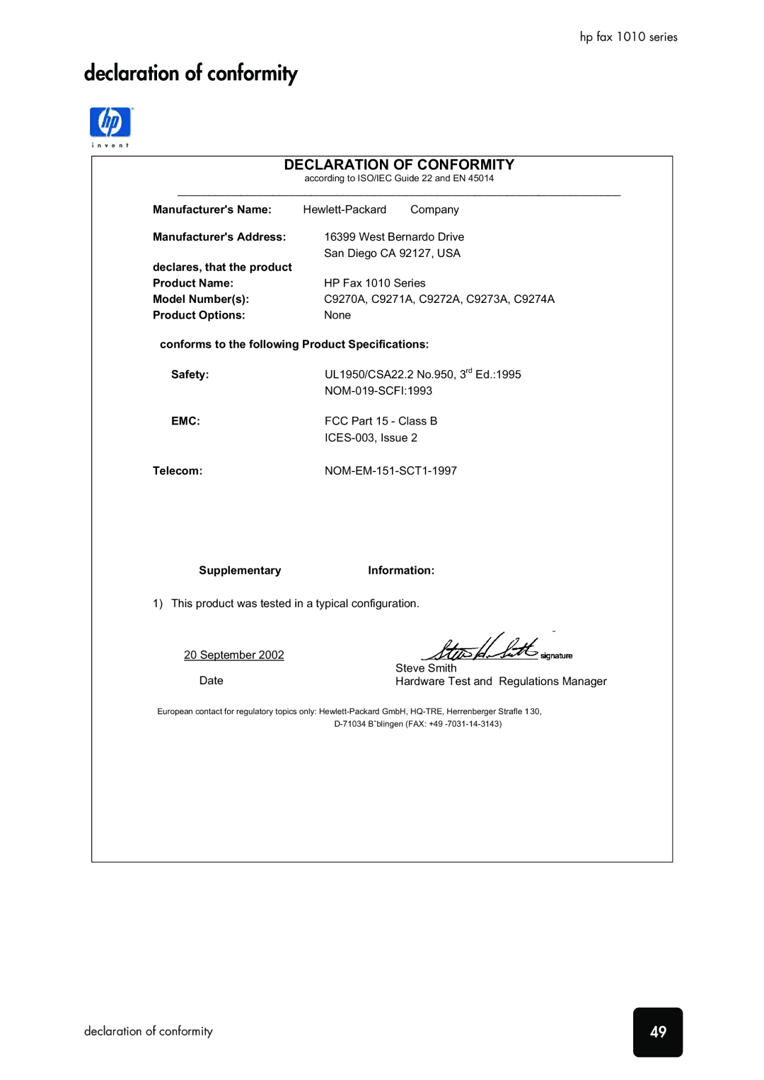 HP 1010 Fax, 1010xi Fax manual Declaration of conformity, Declaration of Conformity 