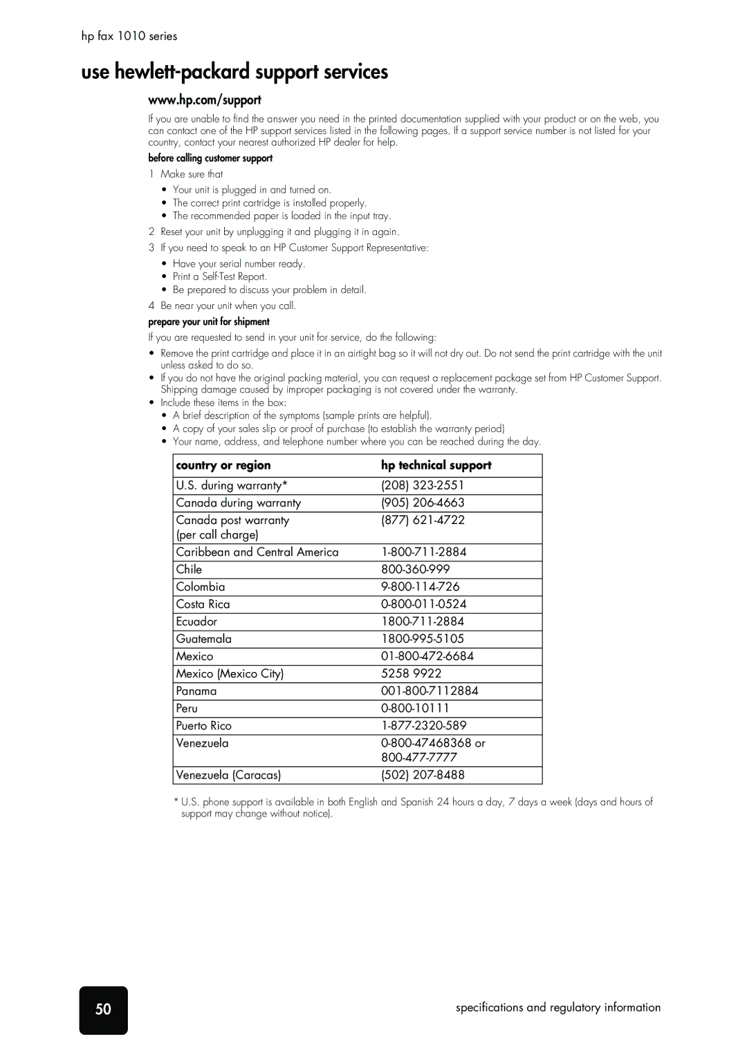 HP 1010xi Fax, 1010 Fax manual Use hewlett-packard support services, Country or region Hp technical support 