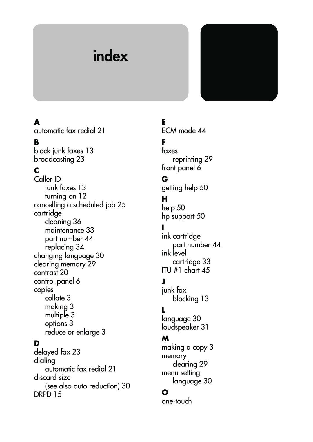 HP 1010 Fax, 1010xi Fax manual Index 