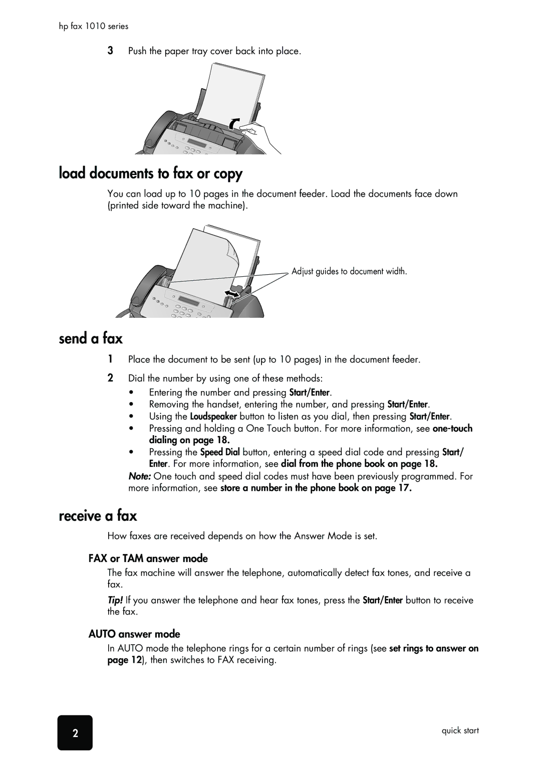 HP 1010xi Fax, 1010 Fax Load documents to fax or copy, Send a fax, Receive a fax, FAX or TAM answer mode, Auto answer mode 