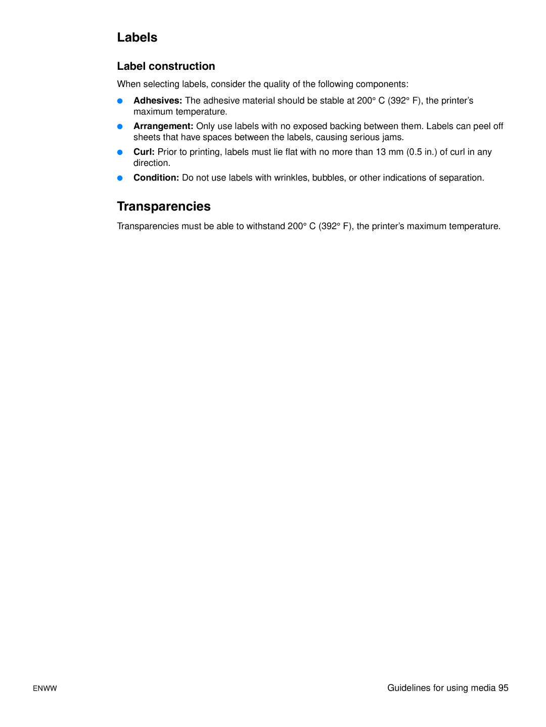 HP 1015 manual Labels, Transparencies, Label construction 