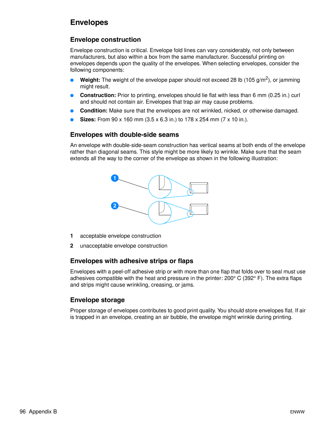 HP 1015 manual Envelope construction, Envelopes with double-side seams, Envelopes with adhesive strips or flaps 