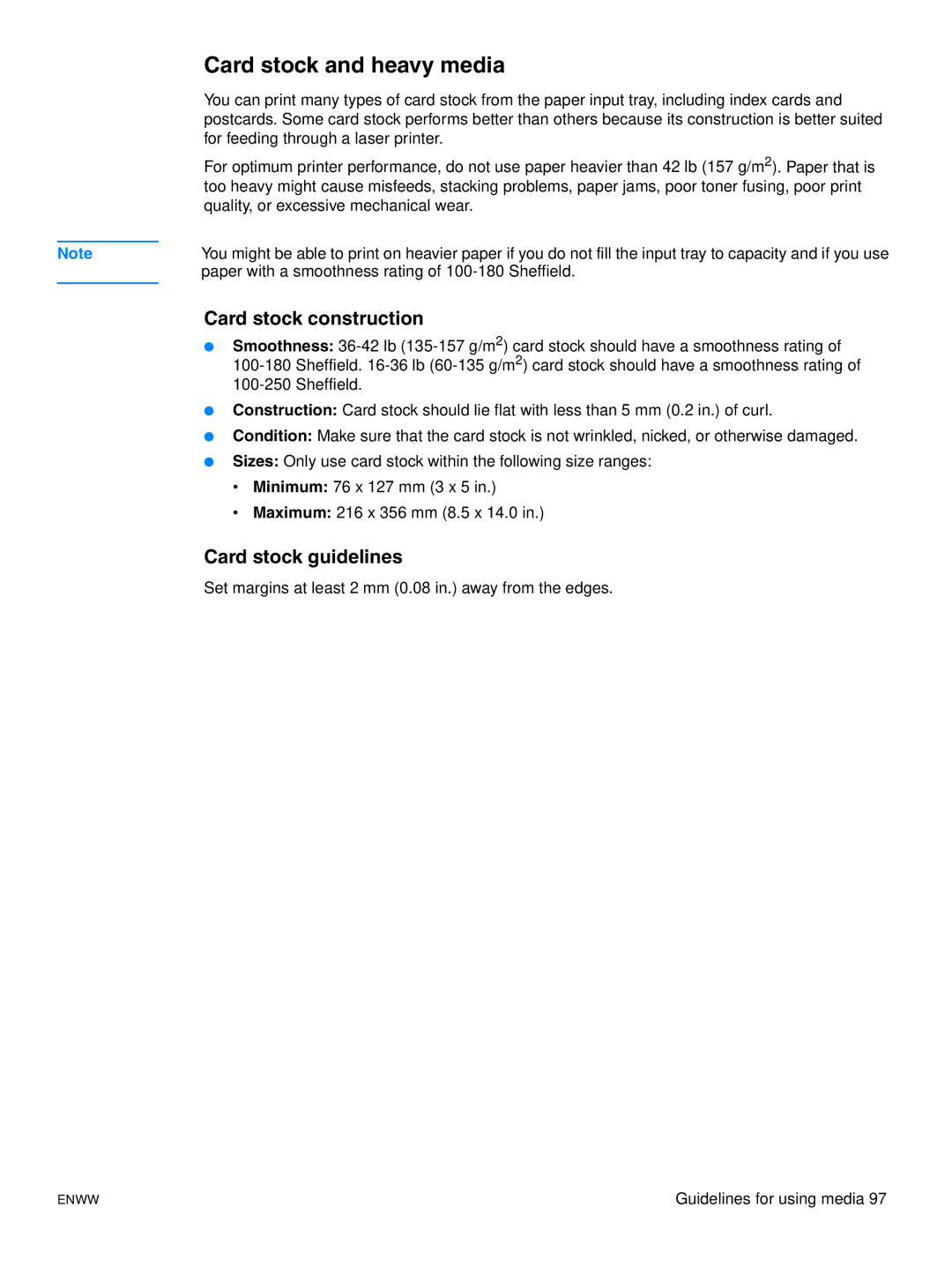 HP 1015 manual Card stock and heavy media, Card stock construction, Card stock guidelines 