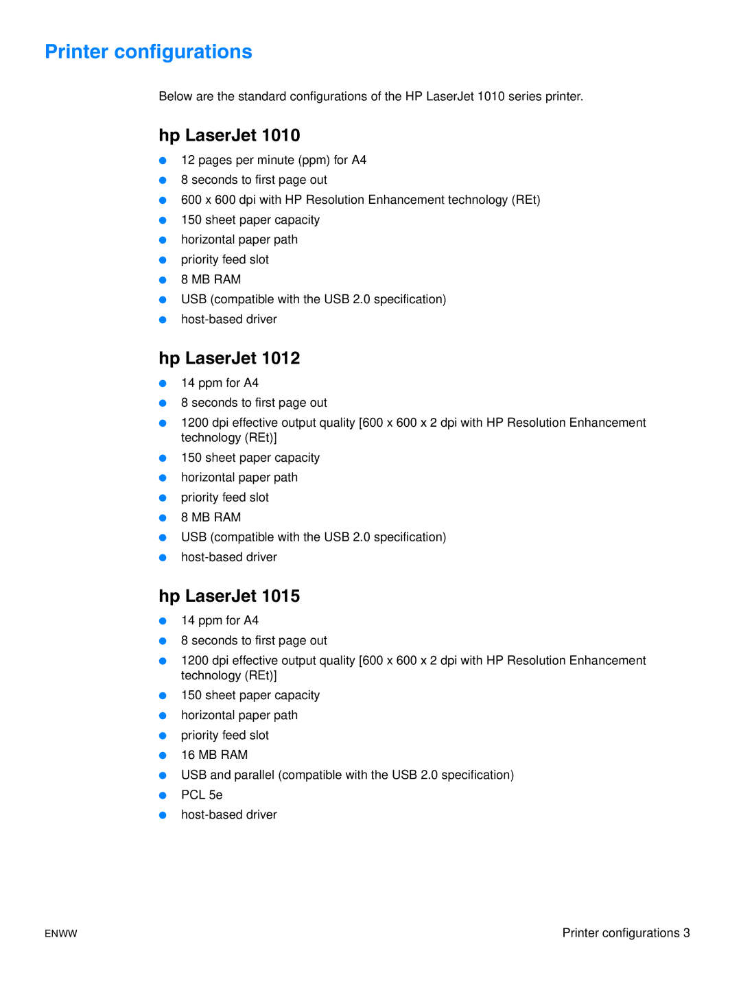 HP 1015 manual Printer configurations, Hp LaserJet 