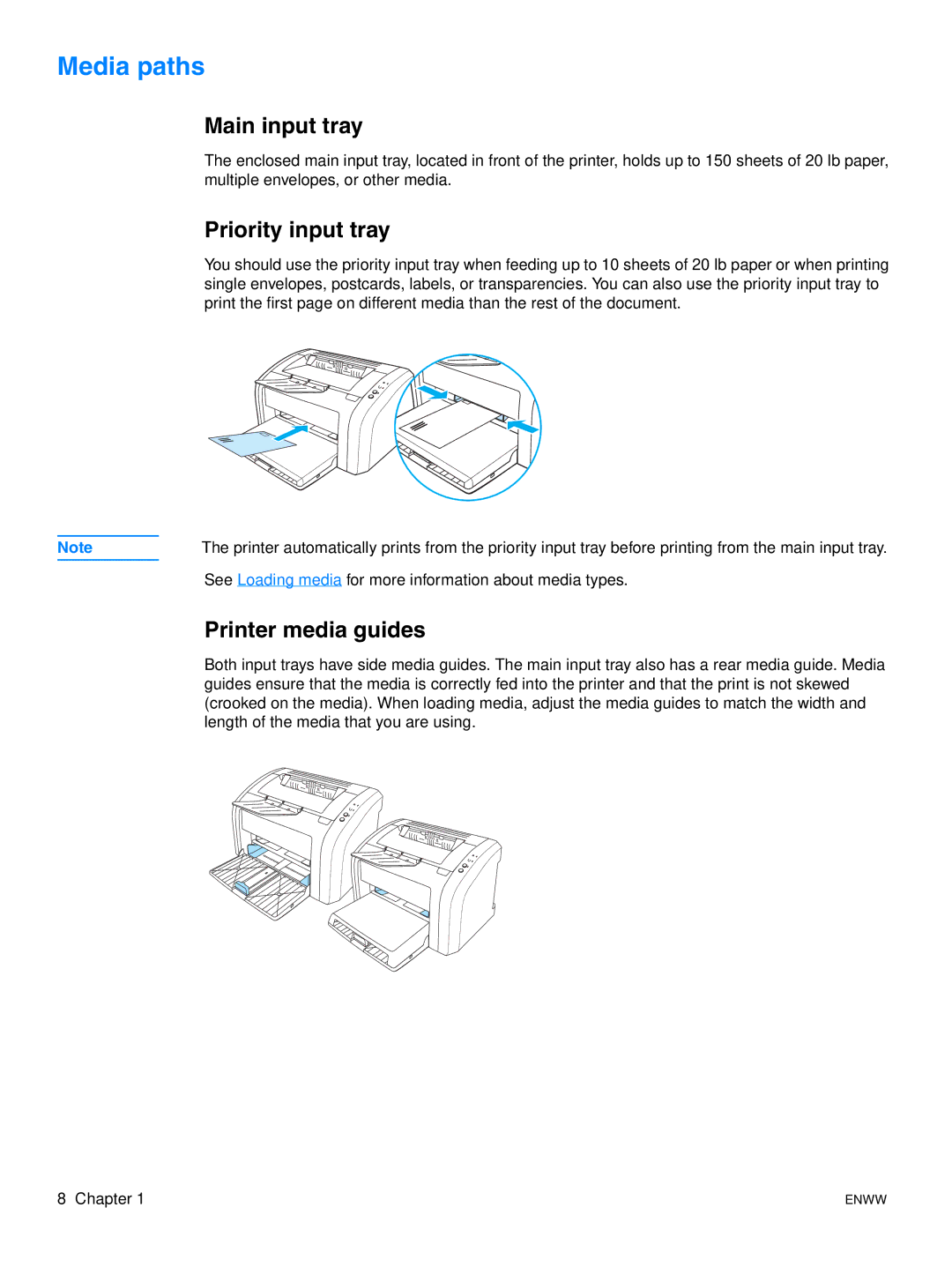 HP 1015 manual Media paths, Main input tray, Priority input tray, Printer media guides 